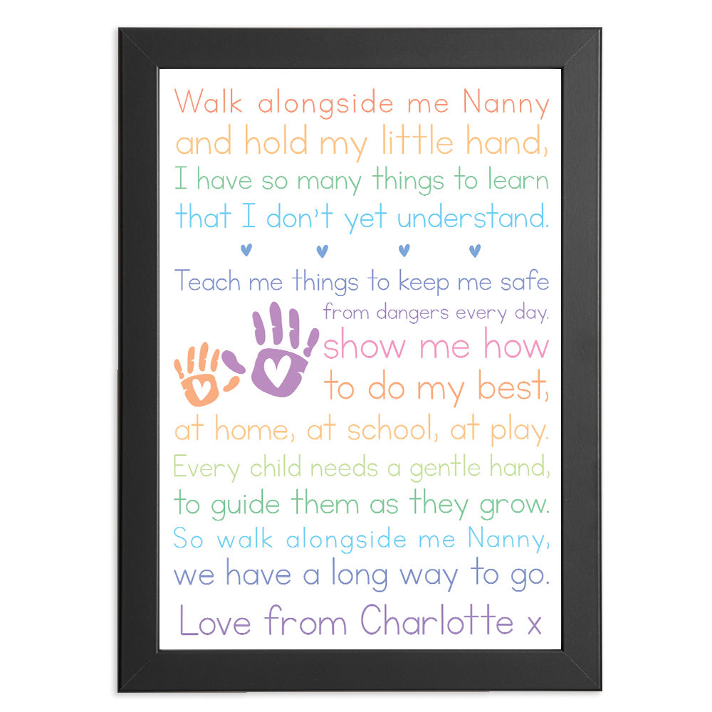 Personalised Walk Along Side Me Poem for Nanny in black frame with white background