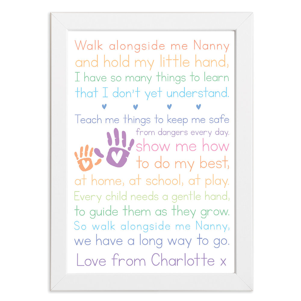 Personalised Walk Along Side Me Poem for Nanny in white frame with white background