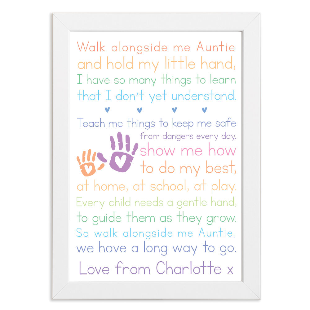 Personalised Walk Along Side Me Poem for Auntie in white frame with white background