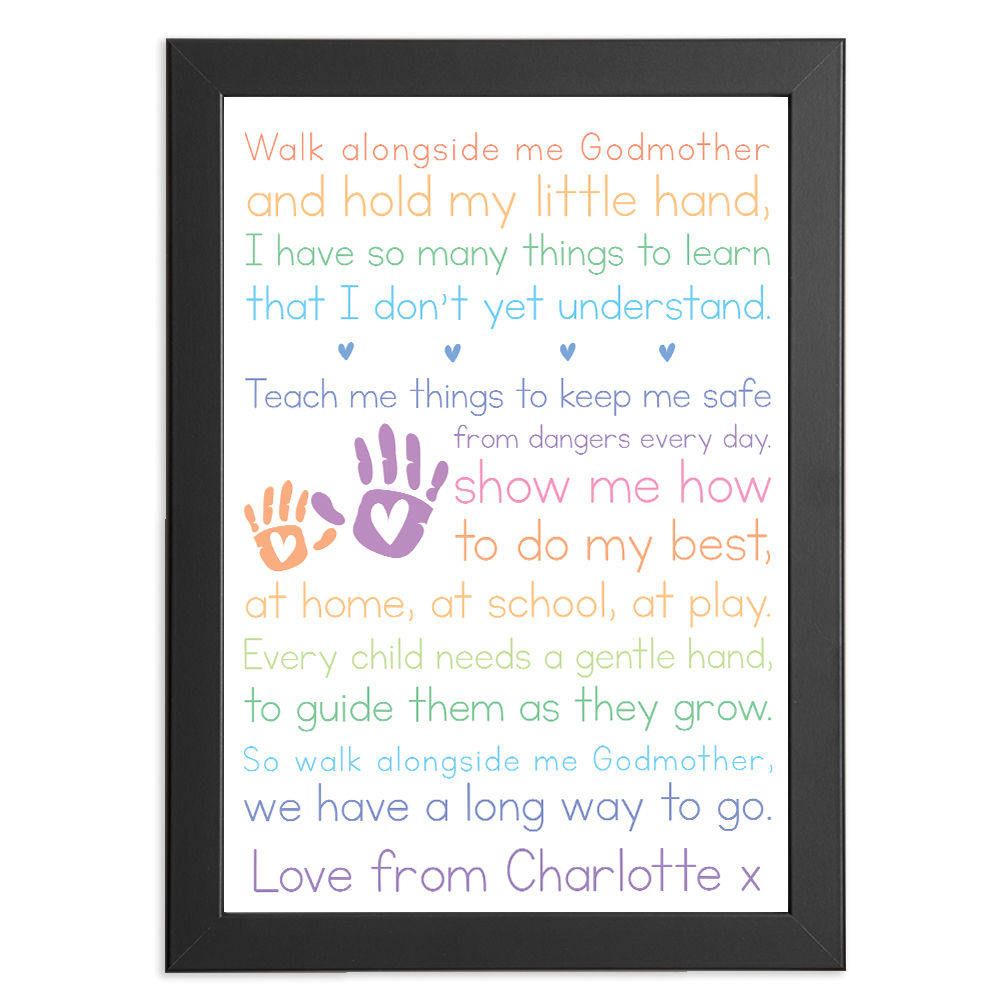 Personalised Walk Alongside Me Poem for Godmother in black frame with white background