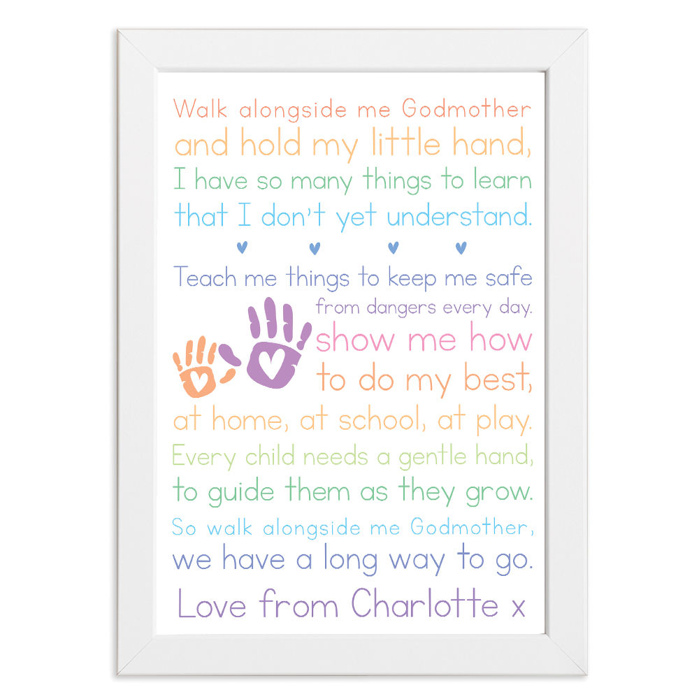 Personalised Walk Alongside Me Poem for Godmother in white frame with white background