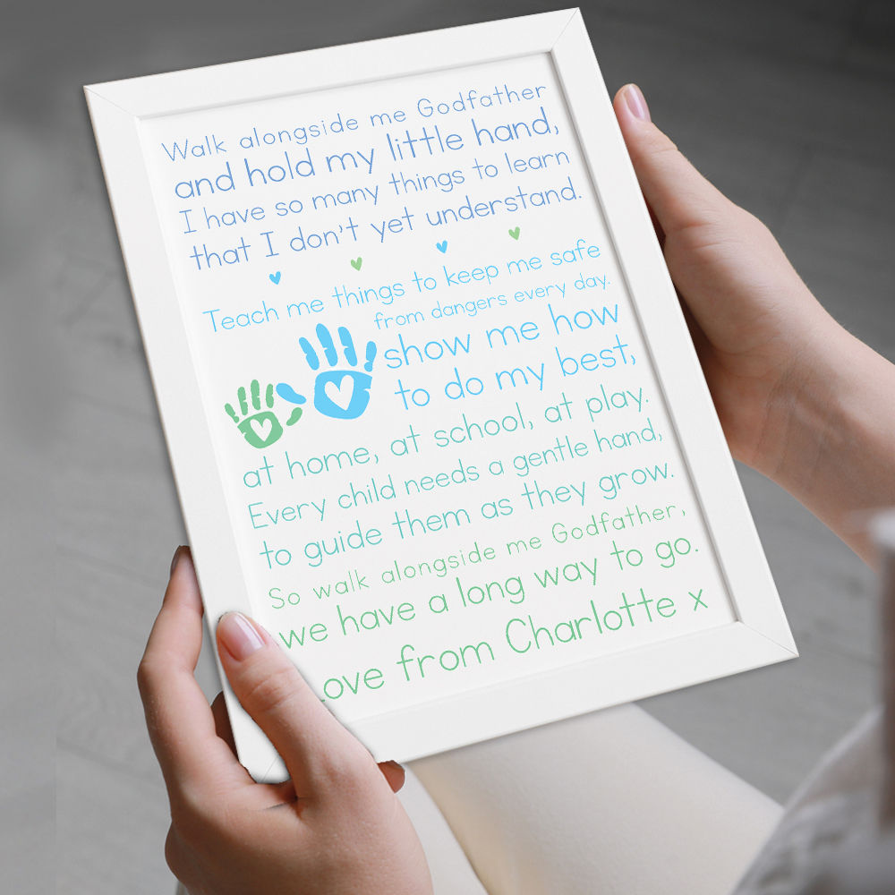 Personalised Walk Alongside Me Poem for Godfather in white frame being held