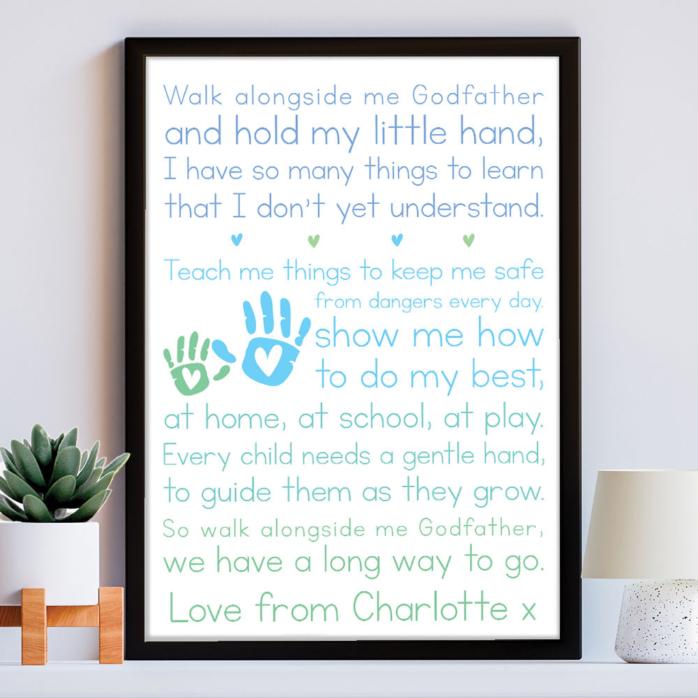 Personalised Walk Alongside Me Poem for Godfather in white frame within the home