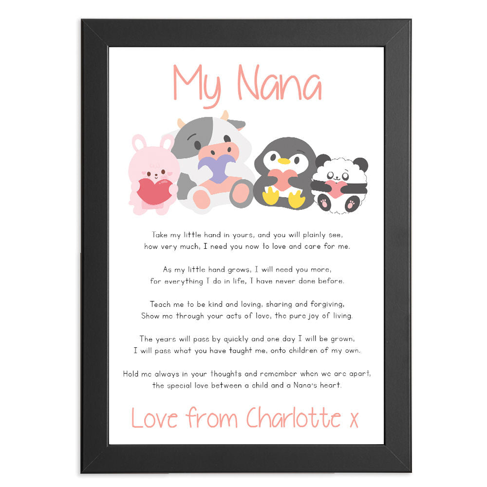 Personalised Cute Baby Animals Poem for Nanny in black frame with white background