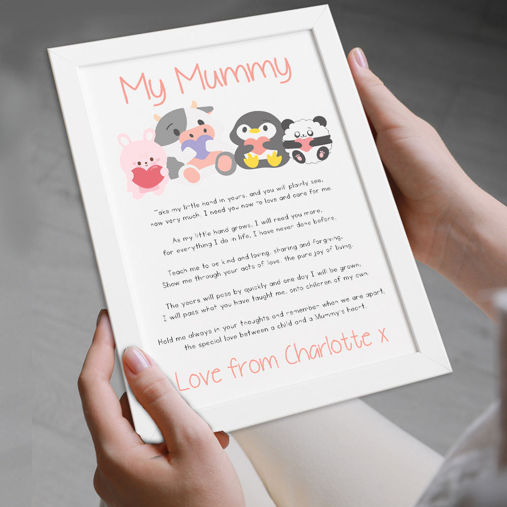 Personalised Cute Baby Animals Poem for Mum in white frame being held