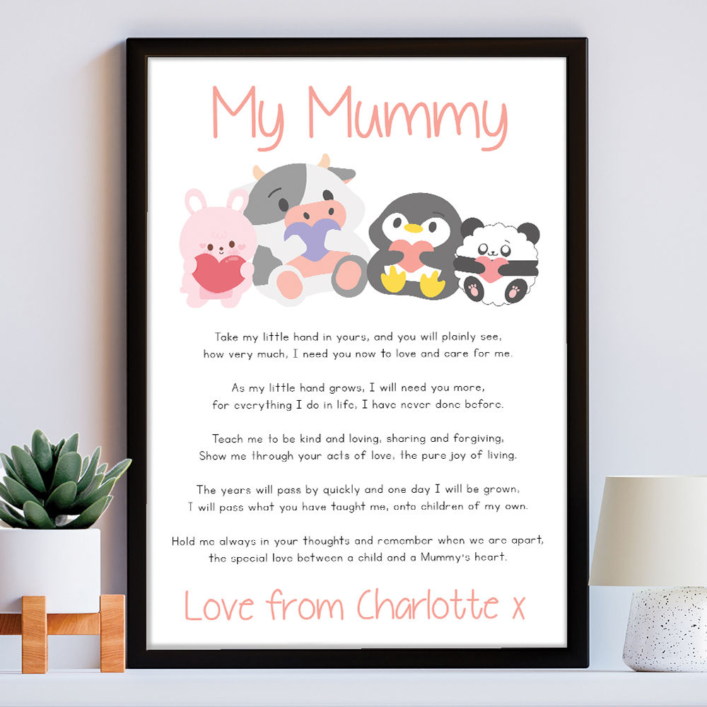 Personalised Cute Baby Animals Poem for Mum in white frame within the home