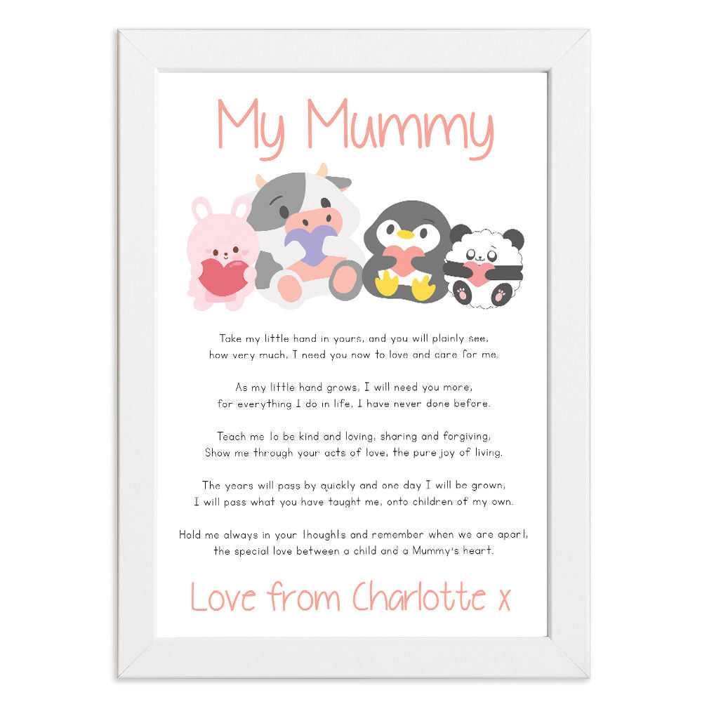 Personalised Cute Baby Animals Poem for Mum in white frame with white background