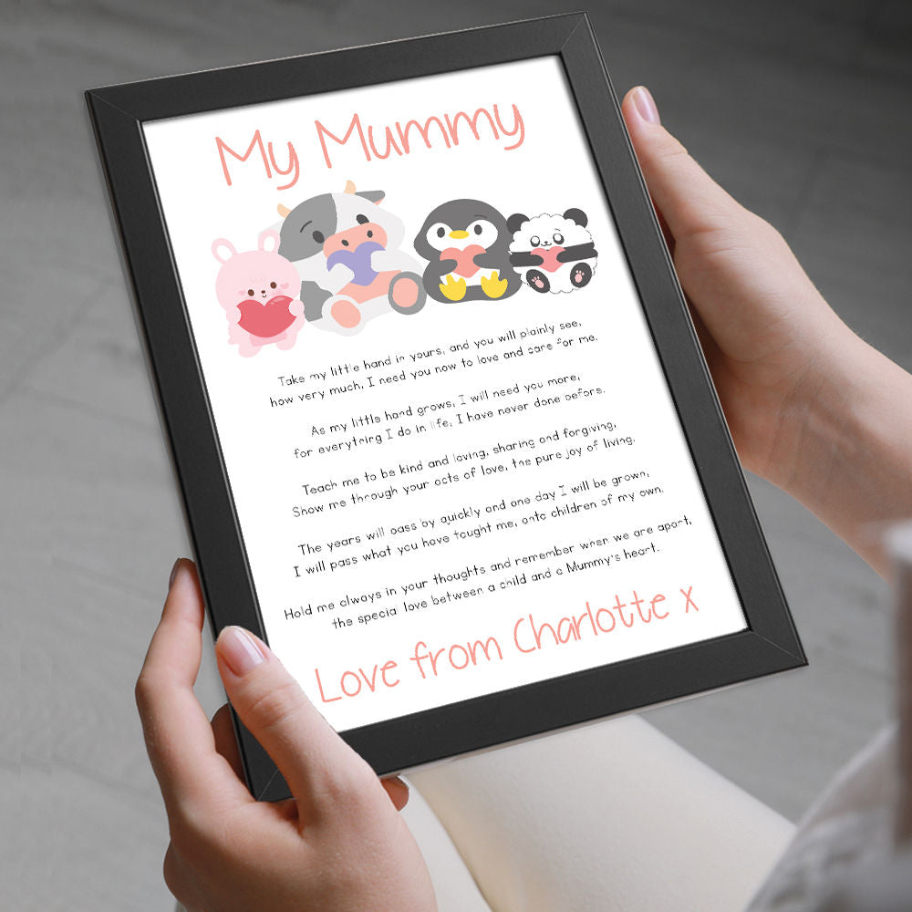 Personalised Cute Baby Animals Poem for Mum in black frame being held