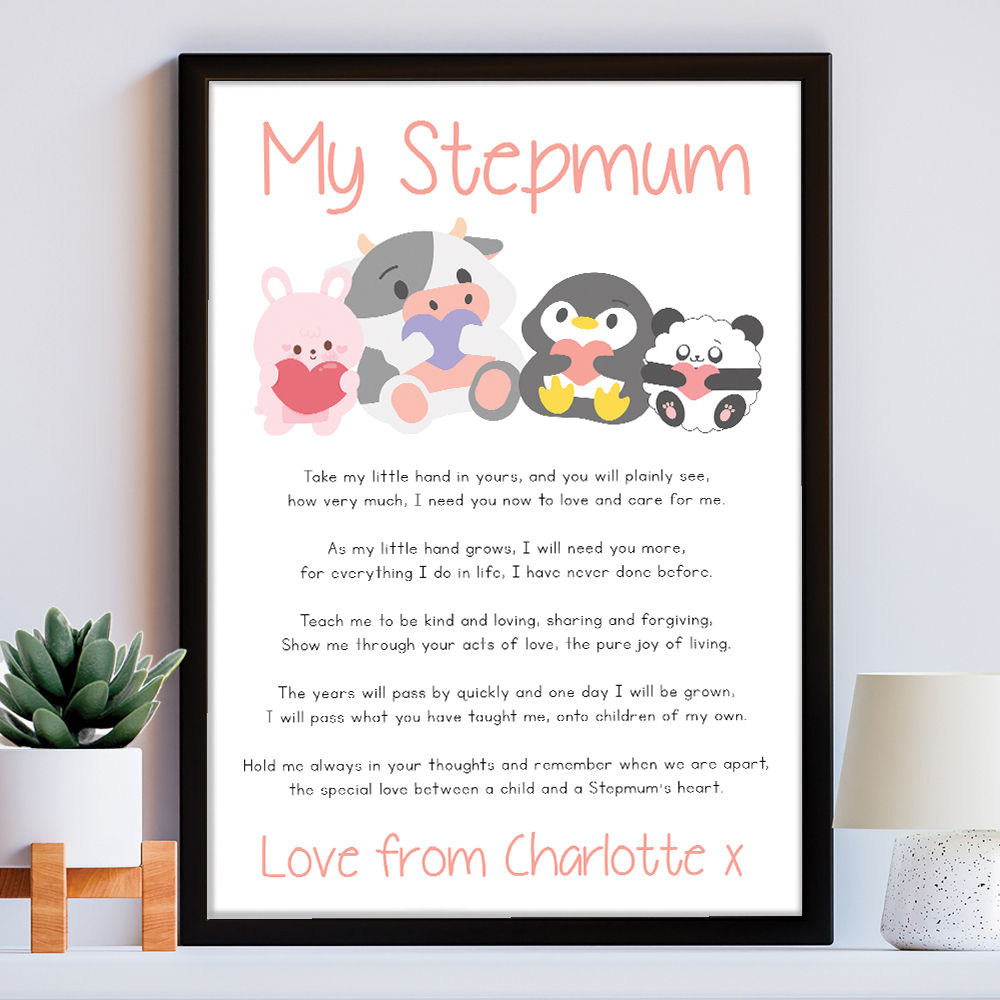 Personalised Cute Baby Animals Poem for Stepmum in white frame within the home