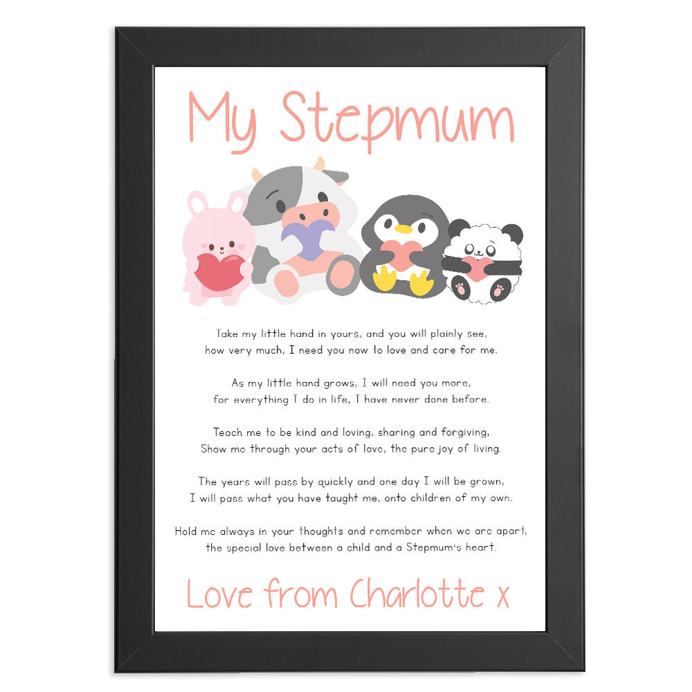 Personalised Cute Baby Animals Poem for Stepmum in black frame with white background