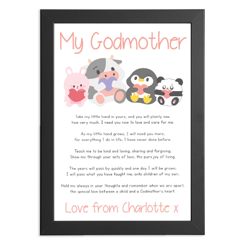 Personalised Cute Baby Animals Poem for Godmother in black frame with white background