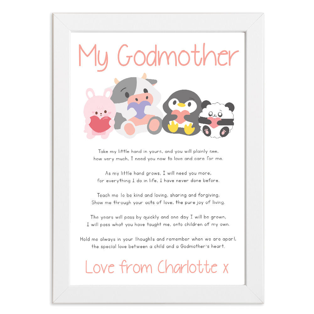 Personalised Cute Baby Animals Poem for Godmother in white frame with white background