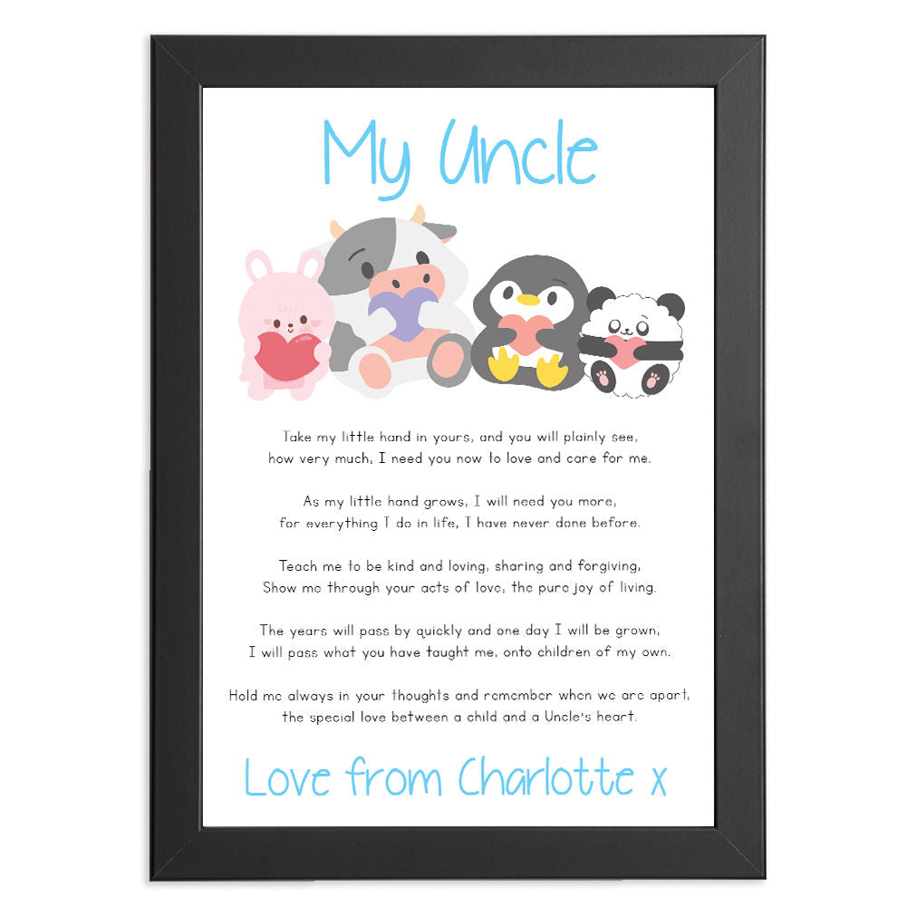 Personalised Cute Baby Animals Poem for Uncle in black frame with white background