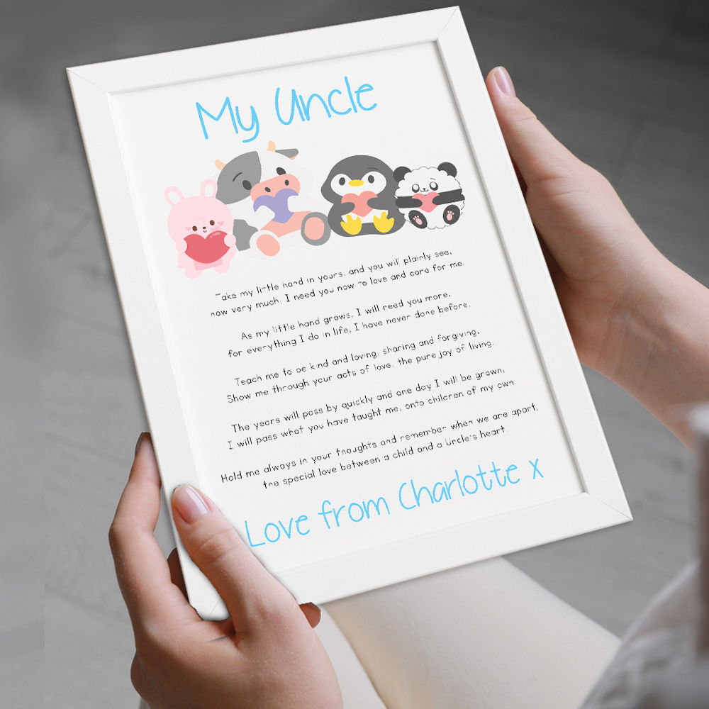 Personalised Cute Baby Animals Poem for Uncle in white frame being held