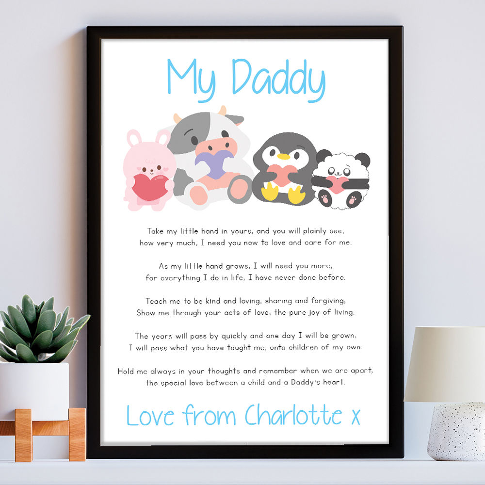 Personalised Cute Baby Animals Poem for Dad in white frame within the home