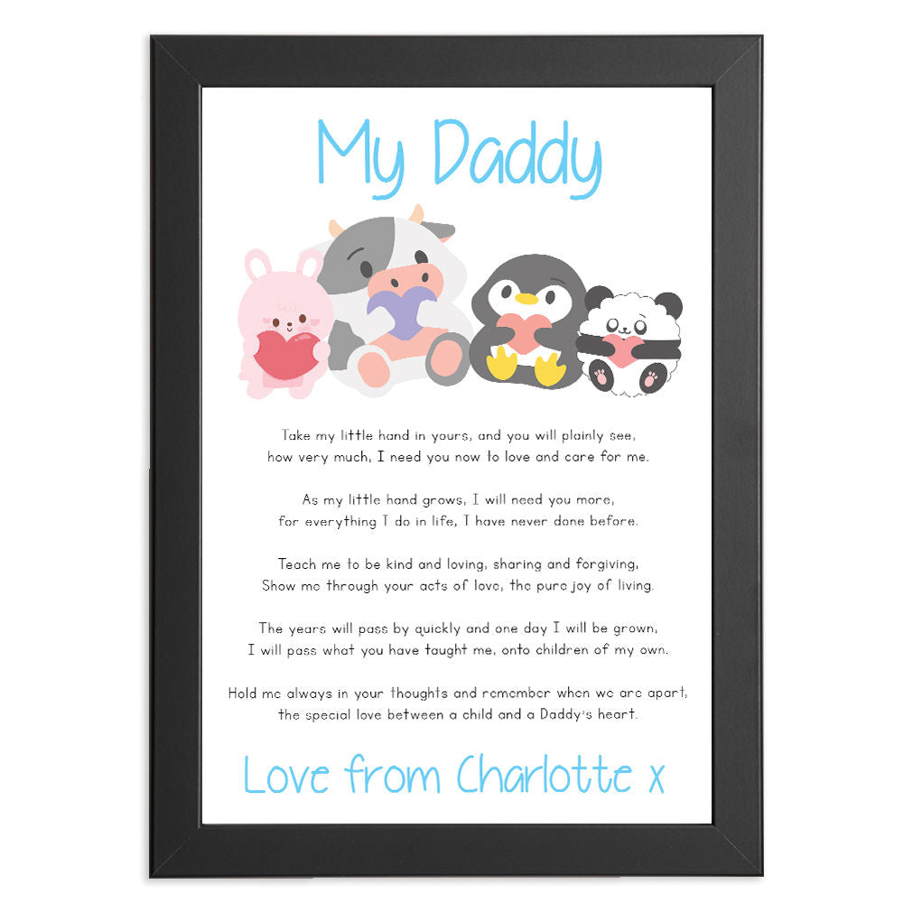 Personalised Cute Baby Animals Poem for Dad in black frame with white background