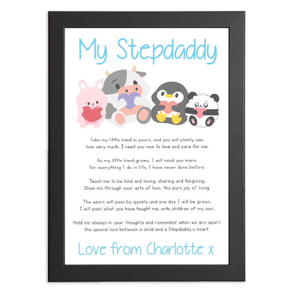 Personalised Cute Baby Animals Poem for Stepdad in black frame with white background