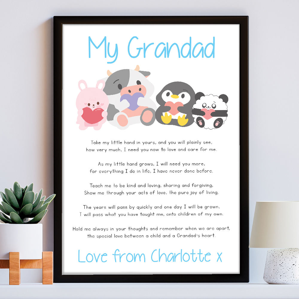 Personalised Cute Baby Animals Poem for Grandad in white frame within the home