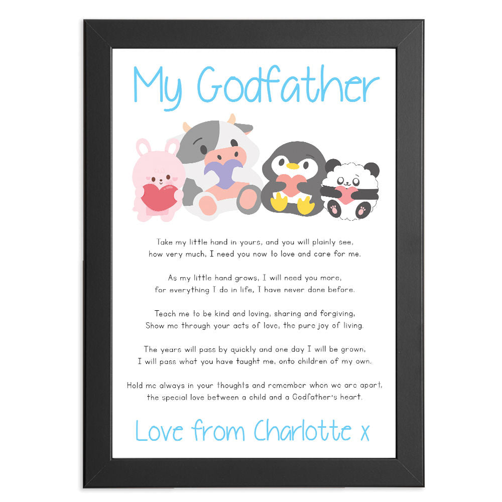 Personalised Cute Baby Animals Poem for Godfather in black frame with white background