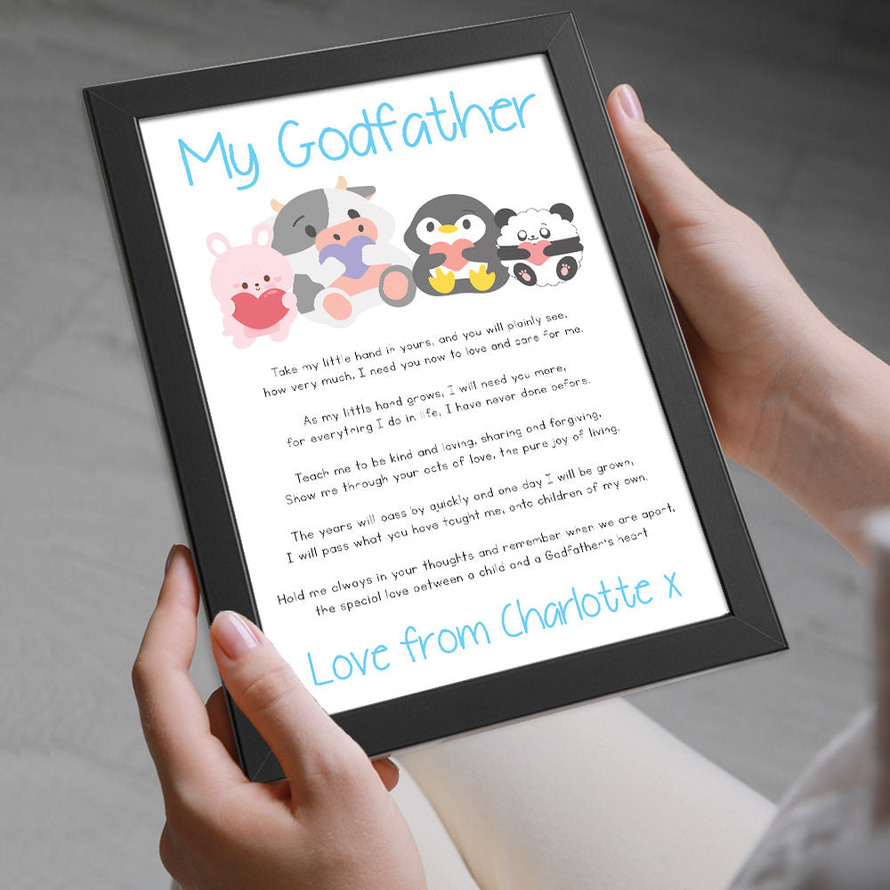 Personalised Cute Baby Animals Poem for Godfather in black frame being held