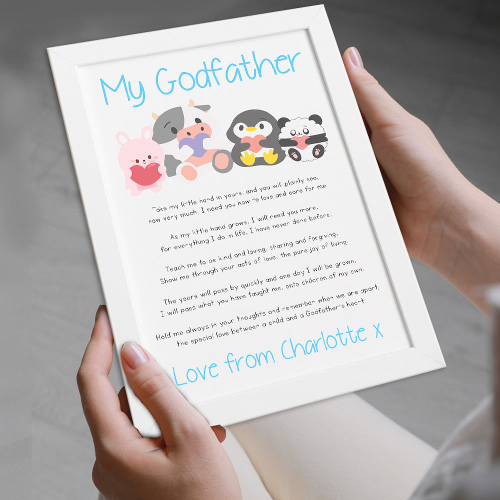 Personalised Cute Baby Animals Poem for Godfather in white frame being held