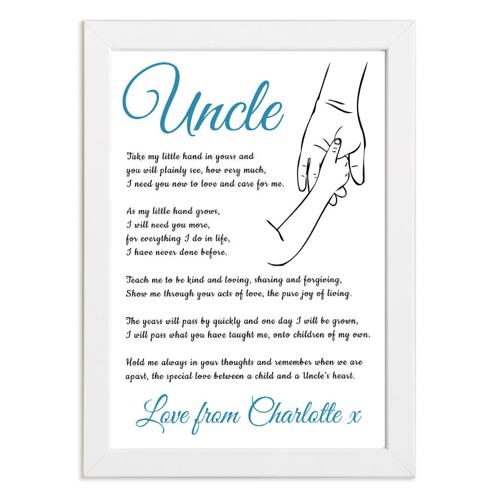 Personalised Hold My Hand Poem for Uncle in white frame with white background