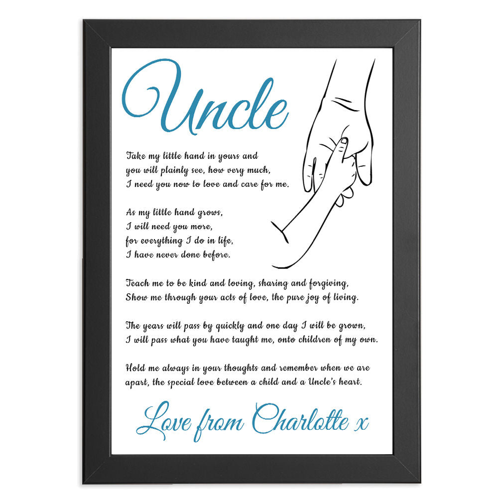 Personalised Hold My Hand Poem for Uncle in black frame with white background