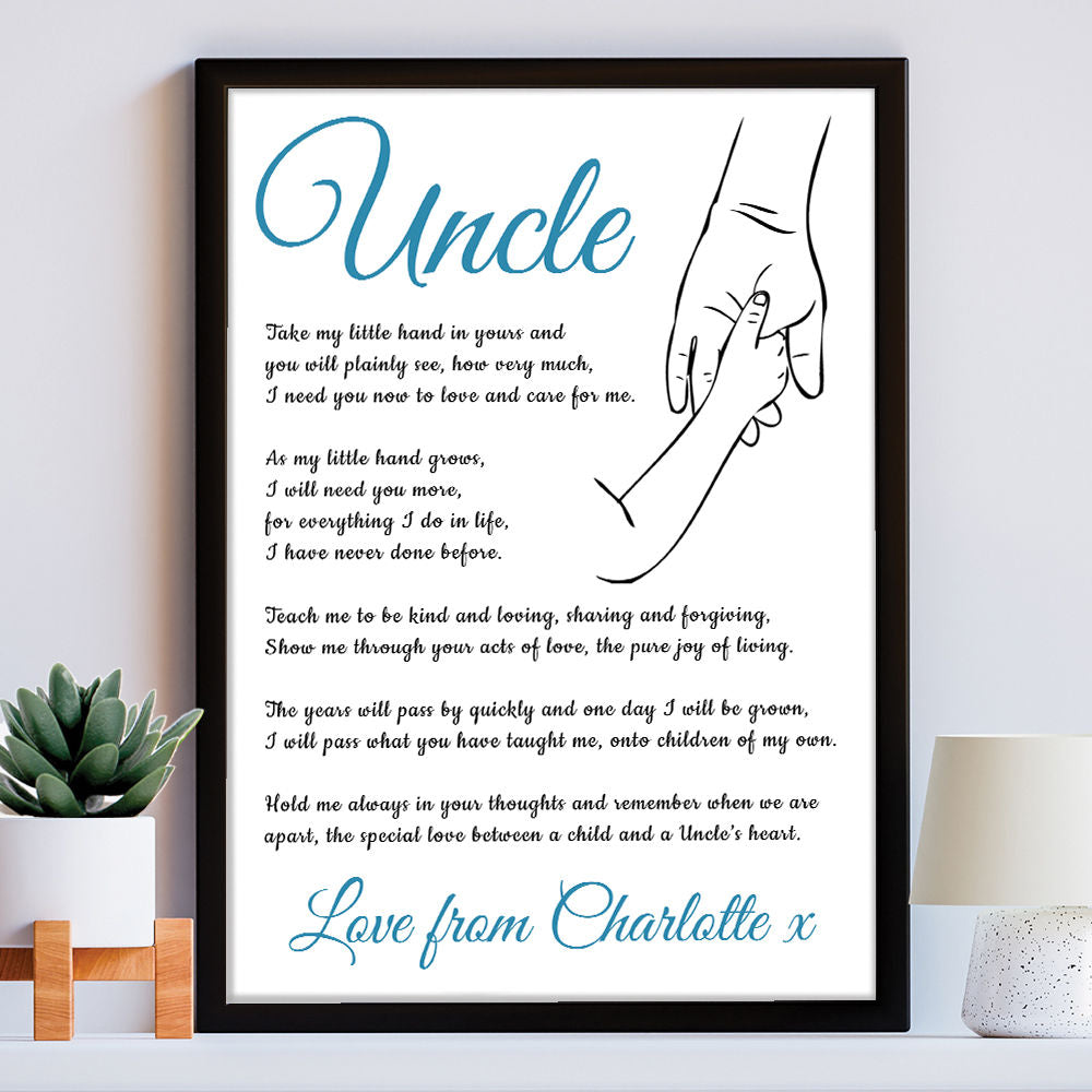 Personalised Hold My Hand Poem for Uncle in white frame within the home