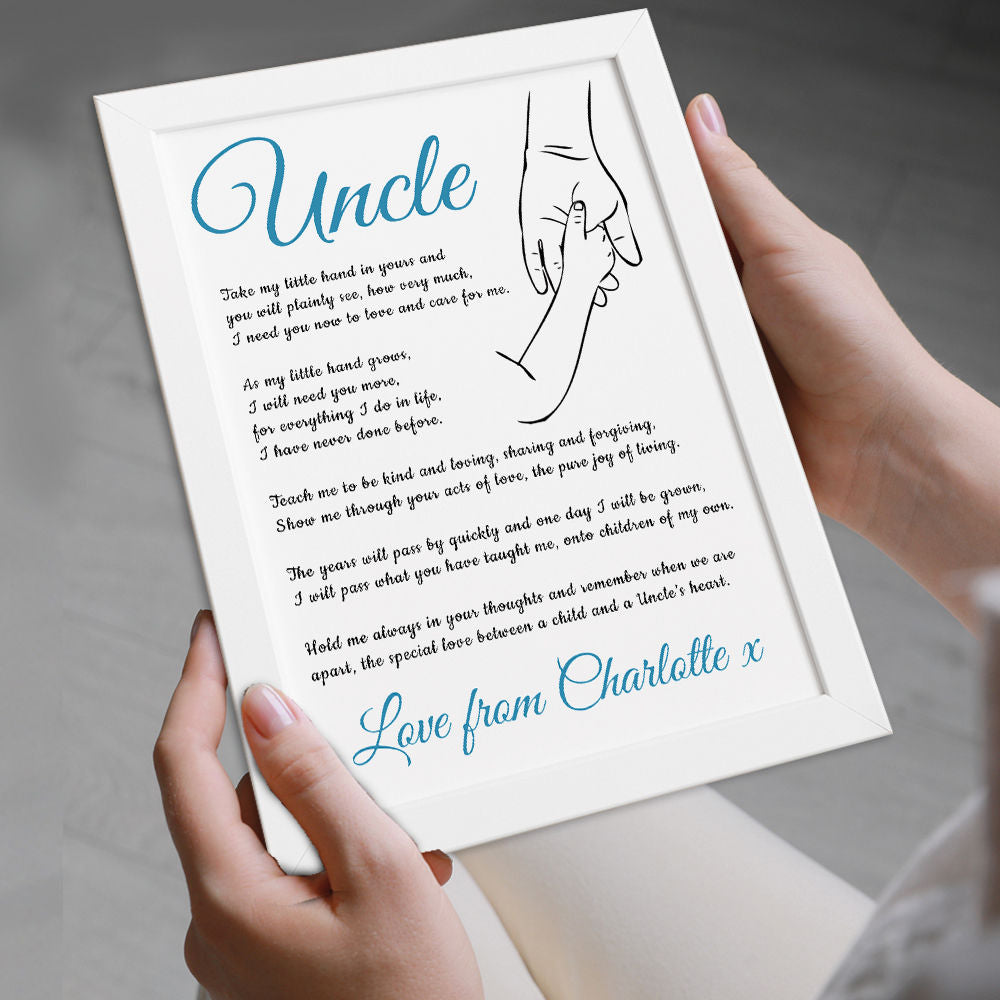 Personalised Hold My Hand Poem for Uncle in white frame being held