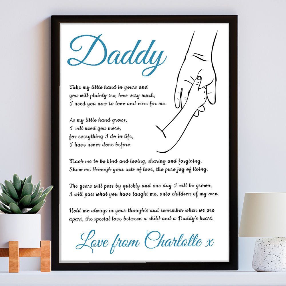 Personalised Hold My Hand Poem for Dad in white frame within the home