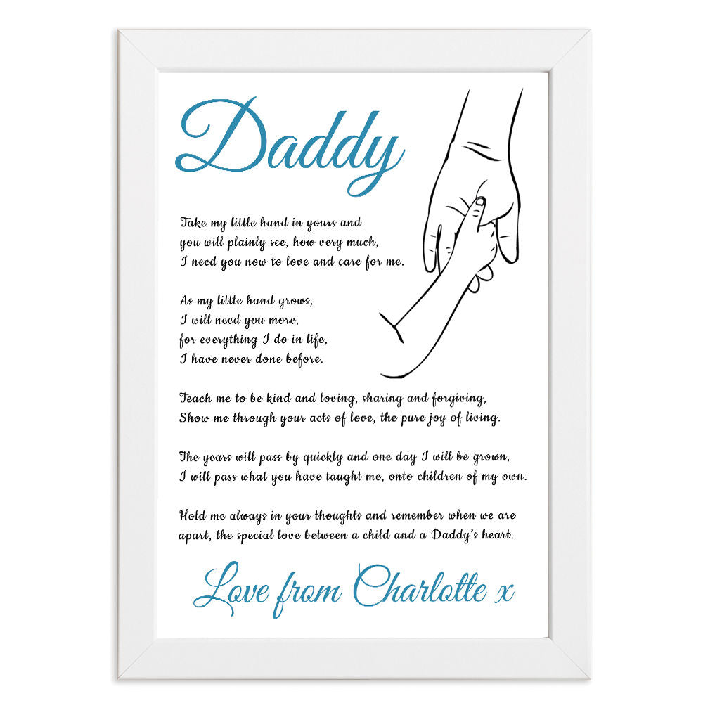 Personalised Hold My Hand Poem for Dad in white frame with white background