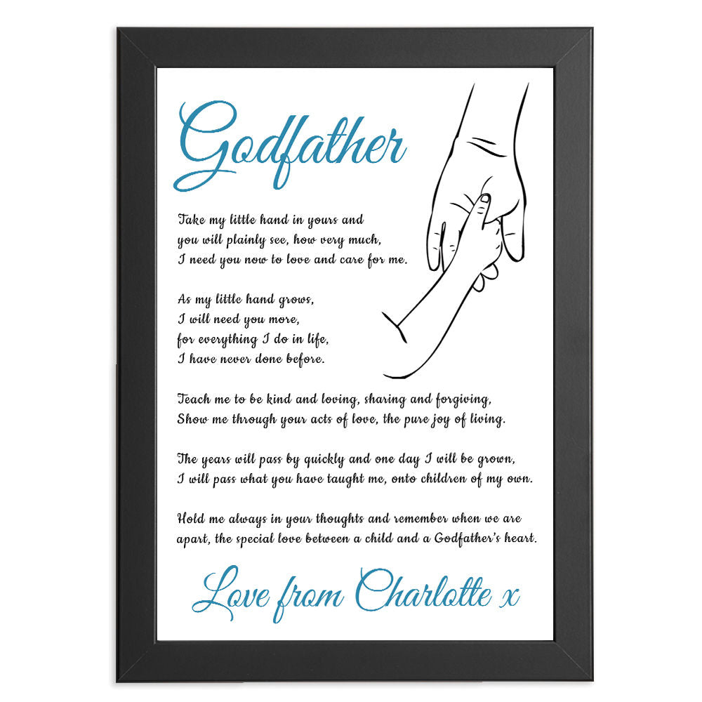 Personalised Hold My Hand Poem for Godfather in black frame with white background