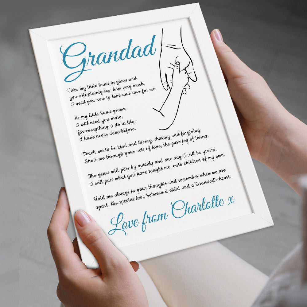 Personalised Hold My Hand Poem for Grandad in white frame being held