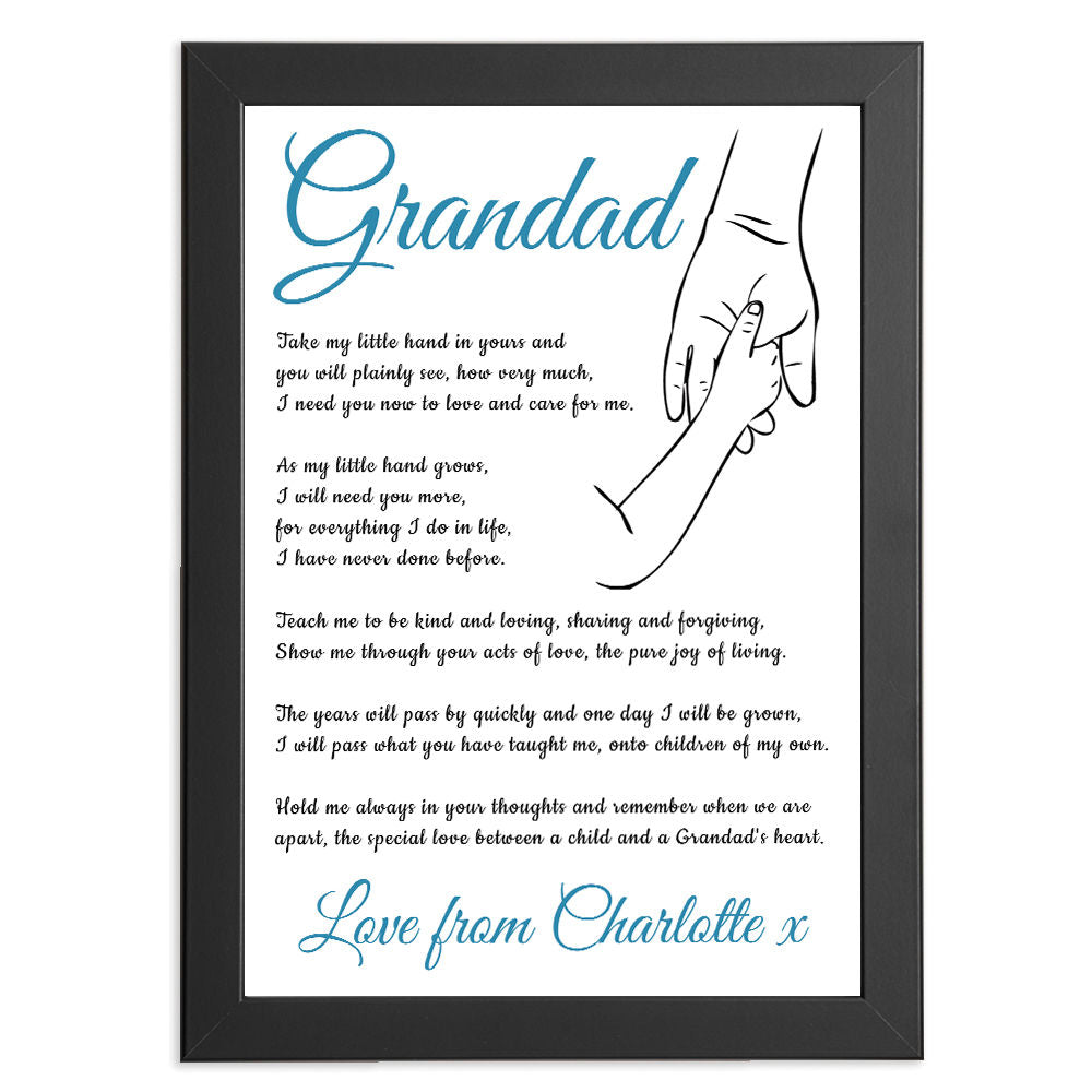 Personalised Hold My Hand Poem for Grandad in black frame with white background