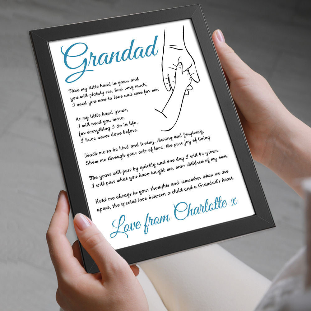 Personalised Hold My Hand Poem for Grandad in black frame with white background