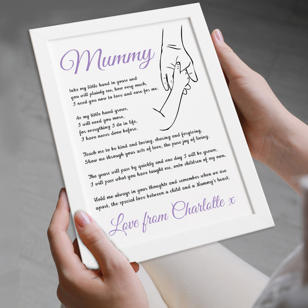 Personalised Hold My Hand Poem for Mum in white frame being held