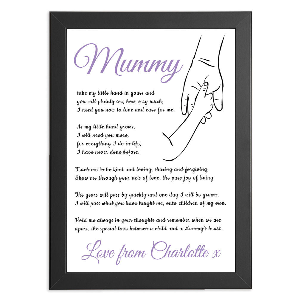 Personalised Hold My Hand Poem for Mum in black frame with white background