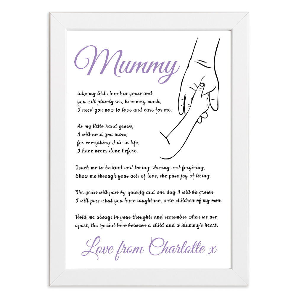 Personalised Hold My Hand Poem for Mum in white frame with white background