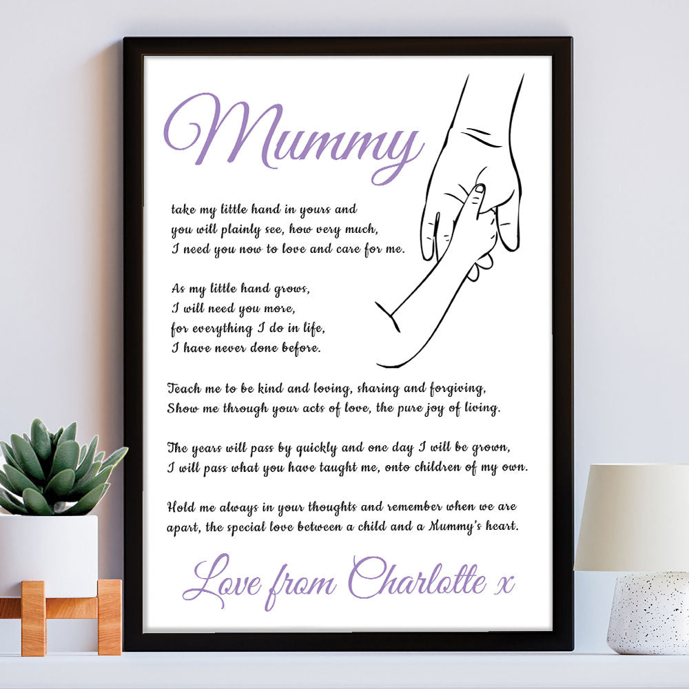 Personalised Hold My Hand Poem for Mum in white frame within the home