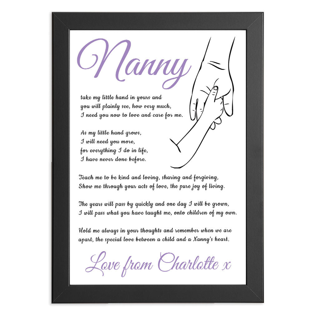 Personalised Hold My Hand Poem for Nanny in black frame with white background