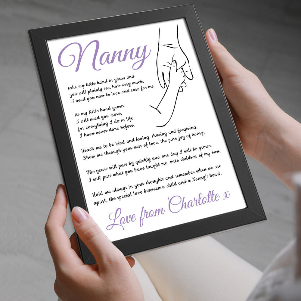 Personalised Hold My Hand Poem for Nanny in black frame being held