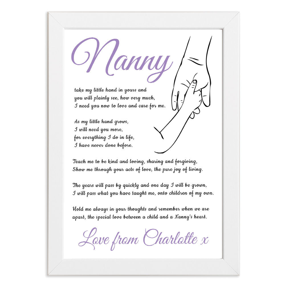 Personalised Hold My Hand Poem for Nanny in white frame with white background