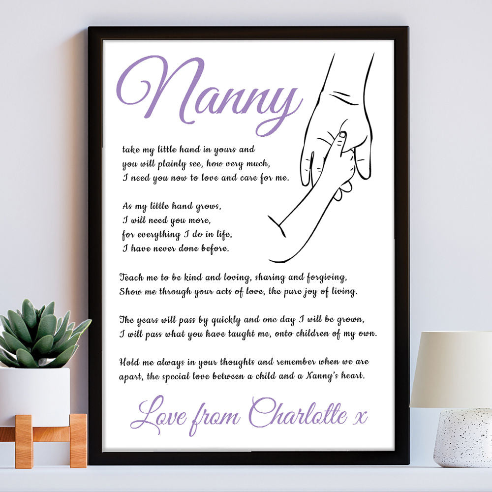 Personalised Hold My Hand Poem for Nanny in white frame within the home