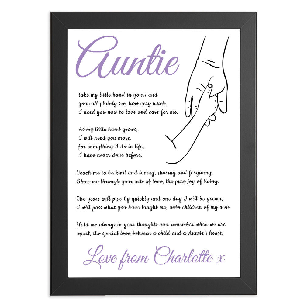 Personalised Hold My Hand Poem for Auntie in black frame with white background