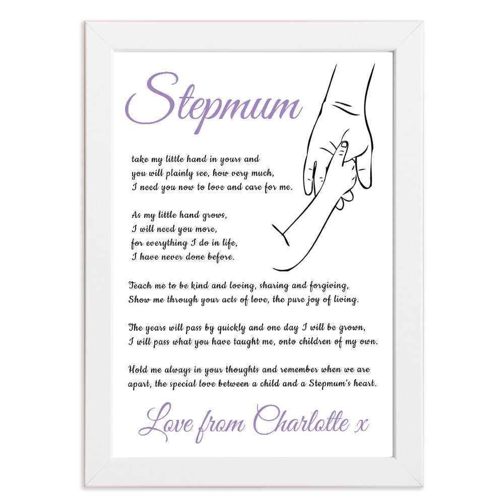 Personalised Hold My Hand Poem for Stepmum in white frame with white background