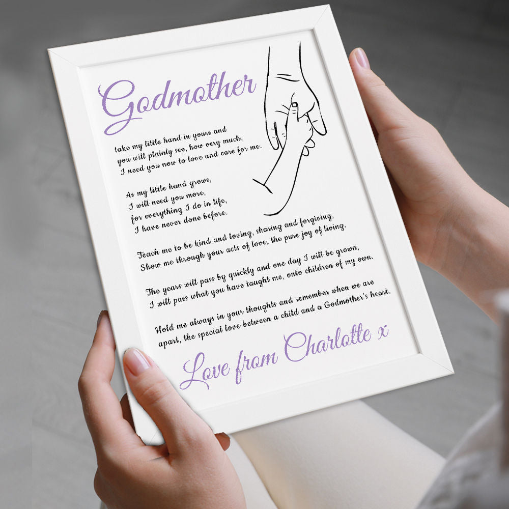 Personalised Hold My Hand Poem for Godmother in white frame being held