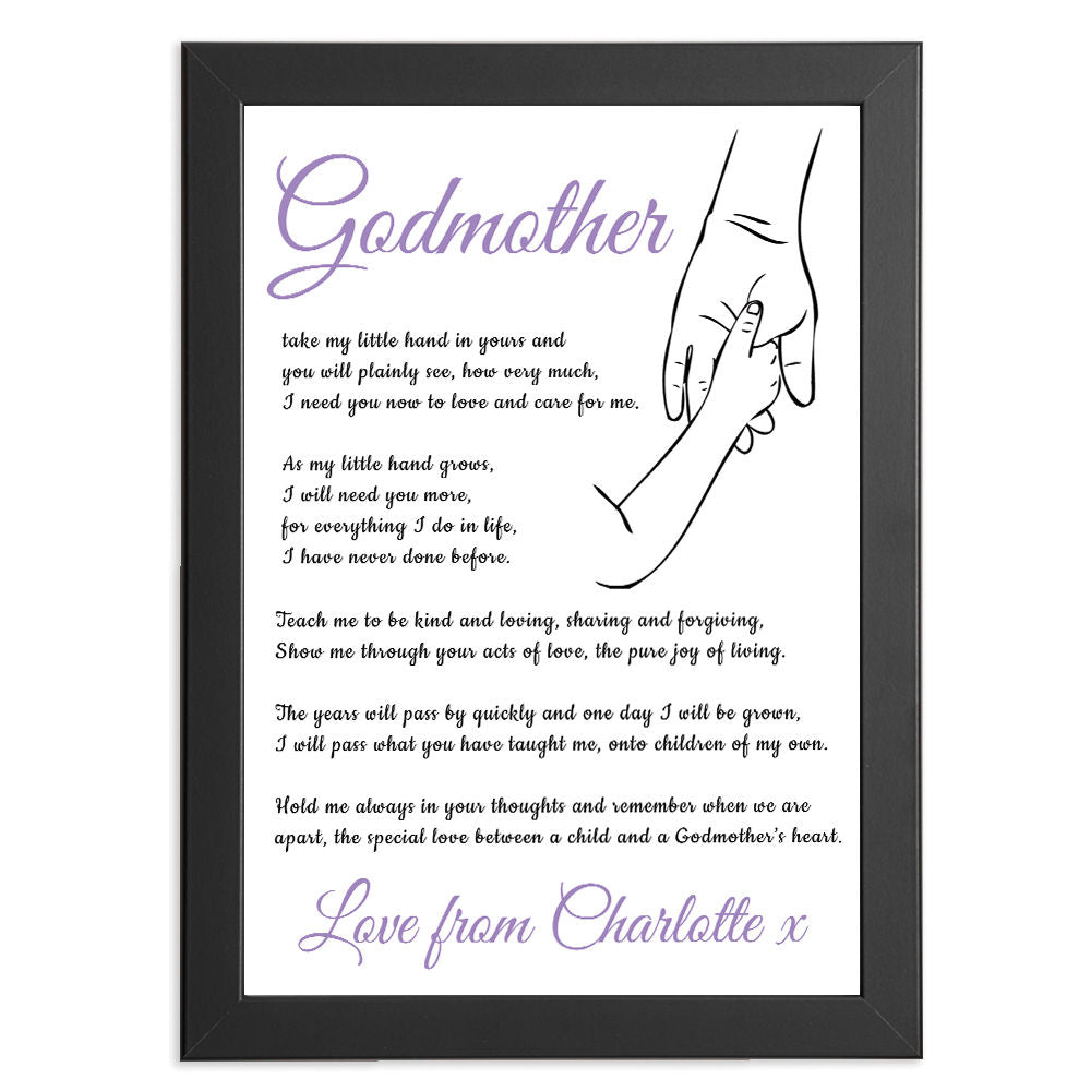 Personalised Hold My Hand Poem for Godmother in black frame with white background