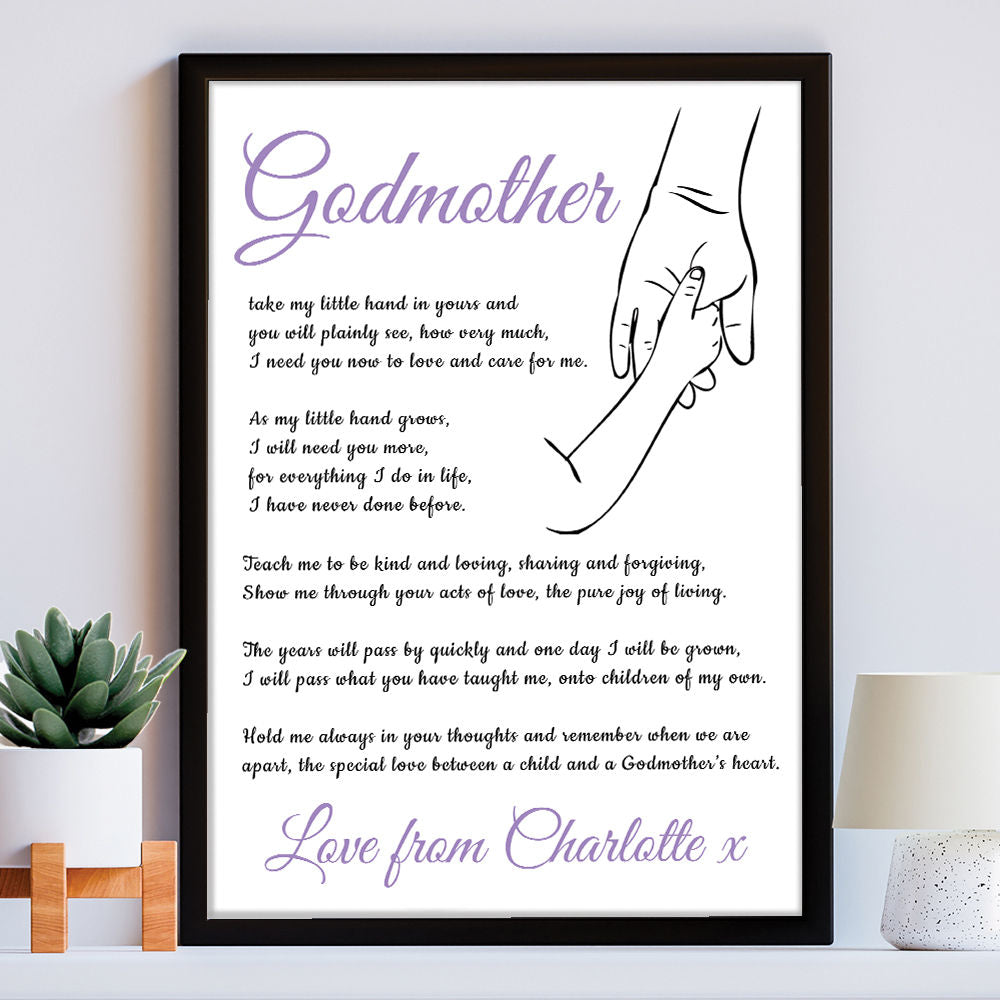 Personalised Hold My Hand Poem for Godmother in white frame within the home