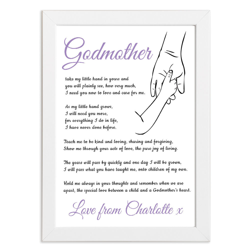 Personalised Hold My Hand Poem for Godmother in white frame with white background