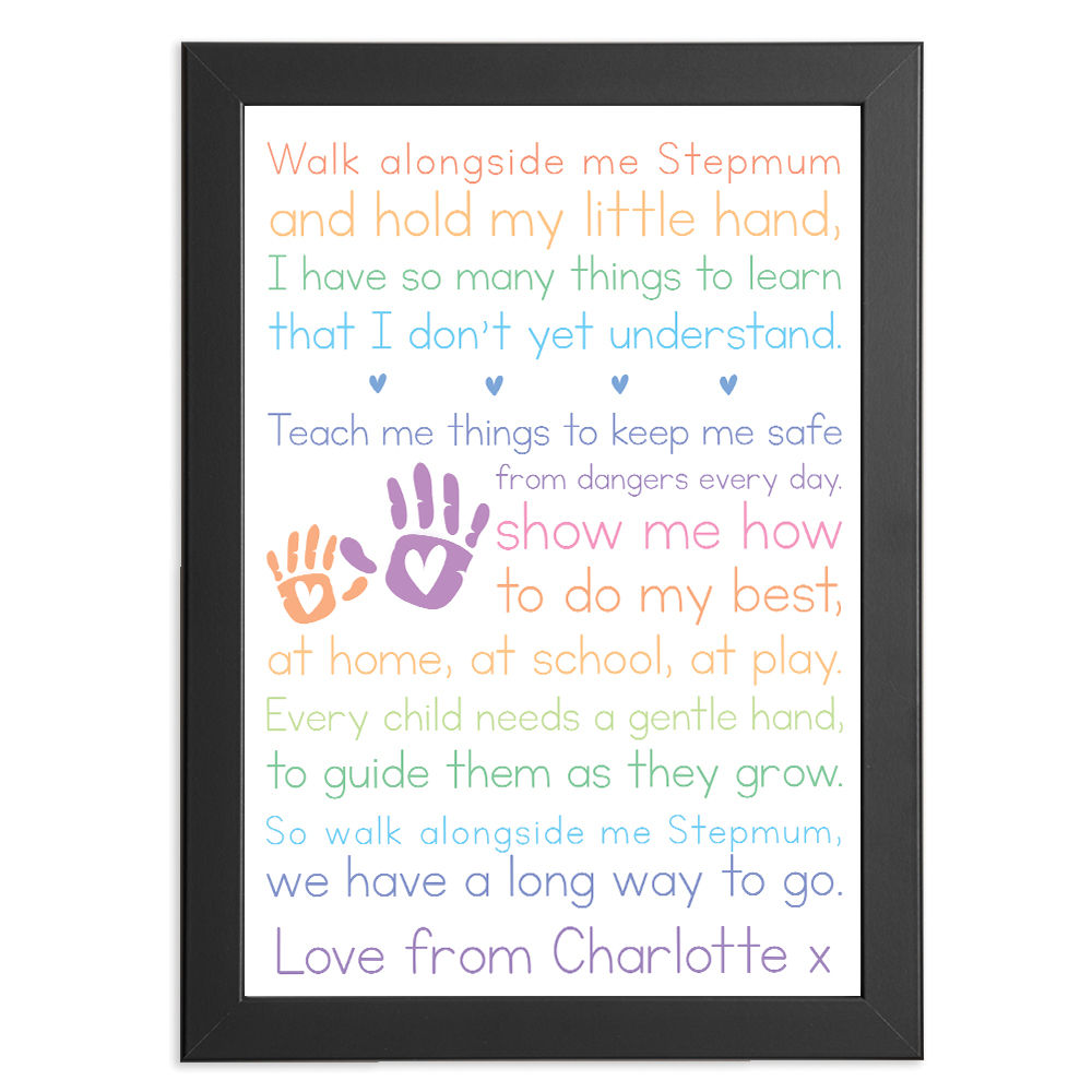 Personalised Walk Alongside Me Poem for Stepmum in black frame with white background